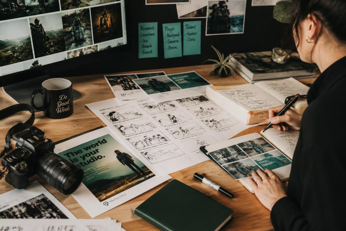 Designer working on ad creative storyboards and social content layouts
