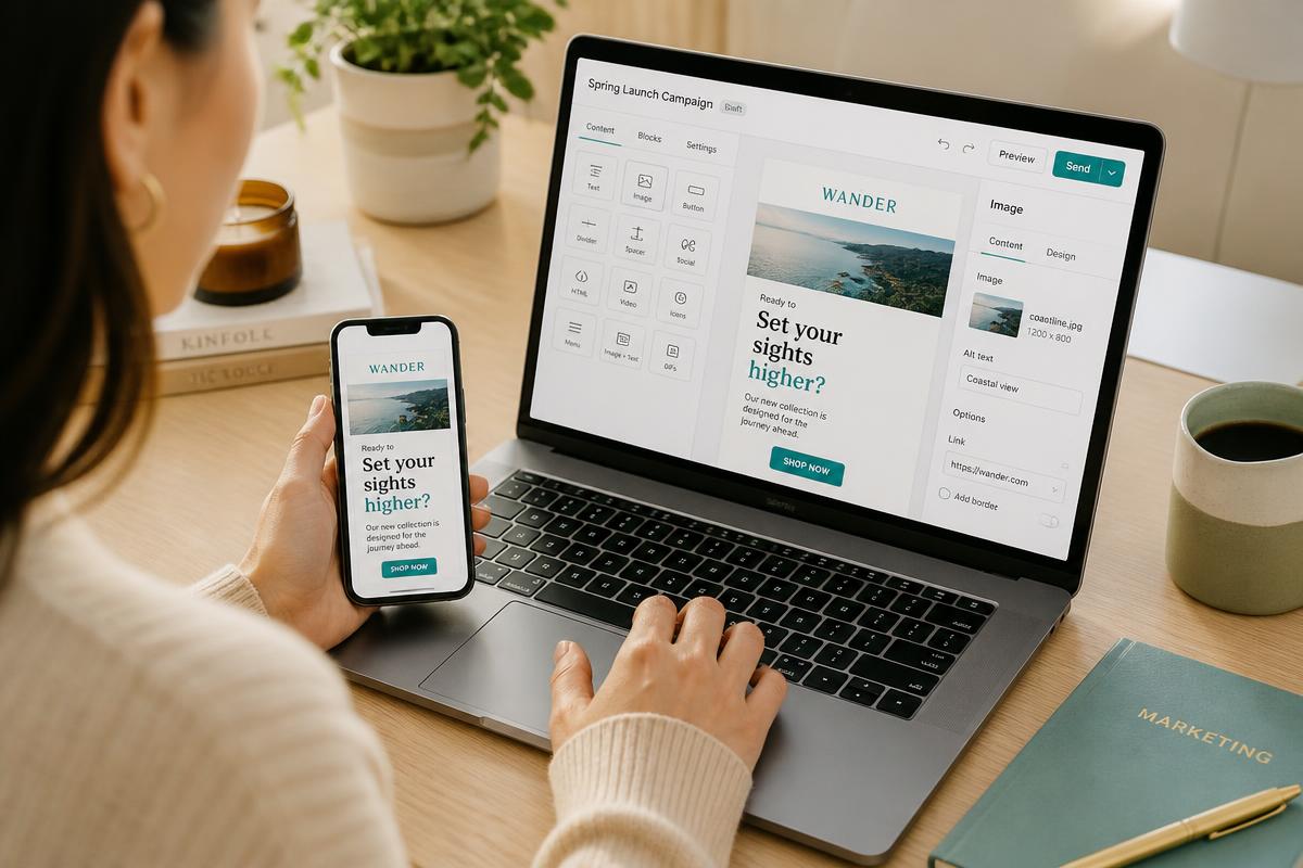 Marketer building an email campaign on a laptop with a mobile preview