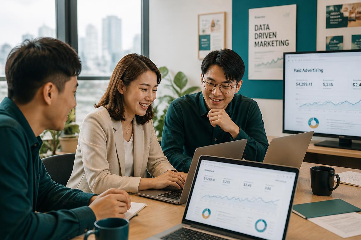 Hong Kong marketing team reviewing paid advertising performance dashboards