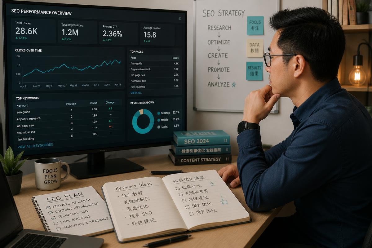 SEO specialist reviewing bilingual keyword rankings on screen