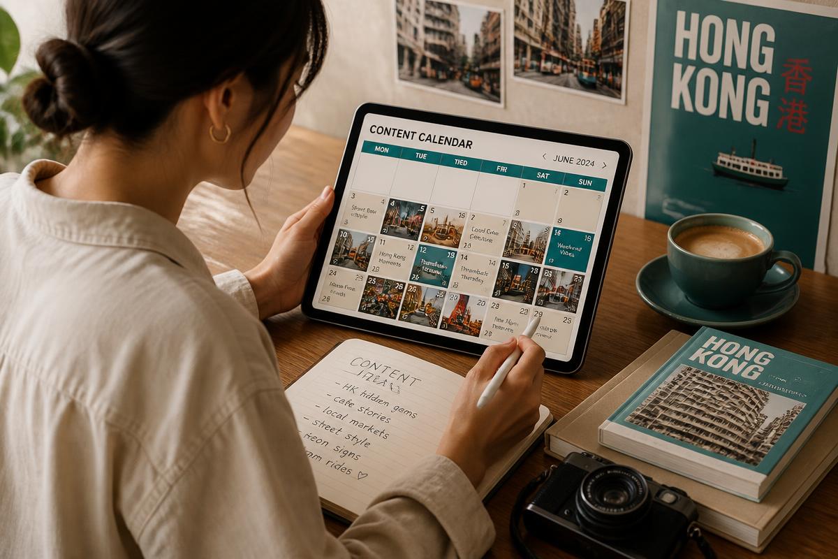 Social media manager planning a Hong Kong content calendar on a tablet