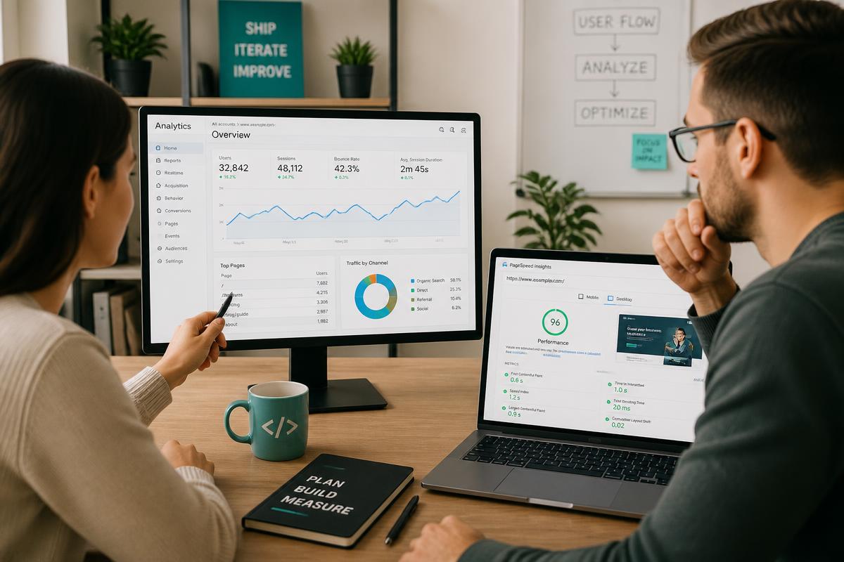 Analyst and developer reviewing website analytics and page speed scores